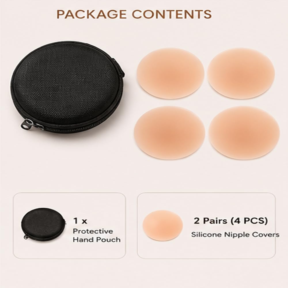 Reusable Silicone Nipple Covers for Women | 2 Pairs (4 Pieces) Invisible Adhesive Breast Covers | Strapless Backless Dress Accessories | Skin Tone