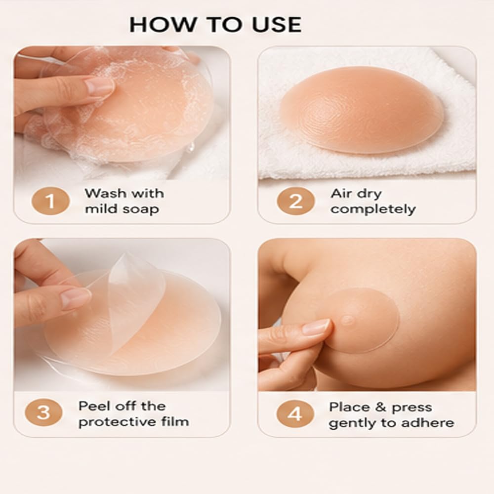 Reusable Silicone Nipple Covers for Women | 2 Pairs (4 Pieces) Invisible Adhesive Breast Covers | Strapless Backless Dress Accessories | Skin Tone
