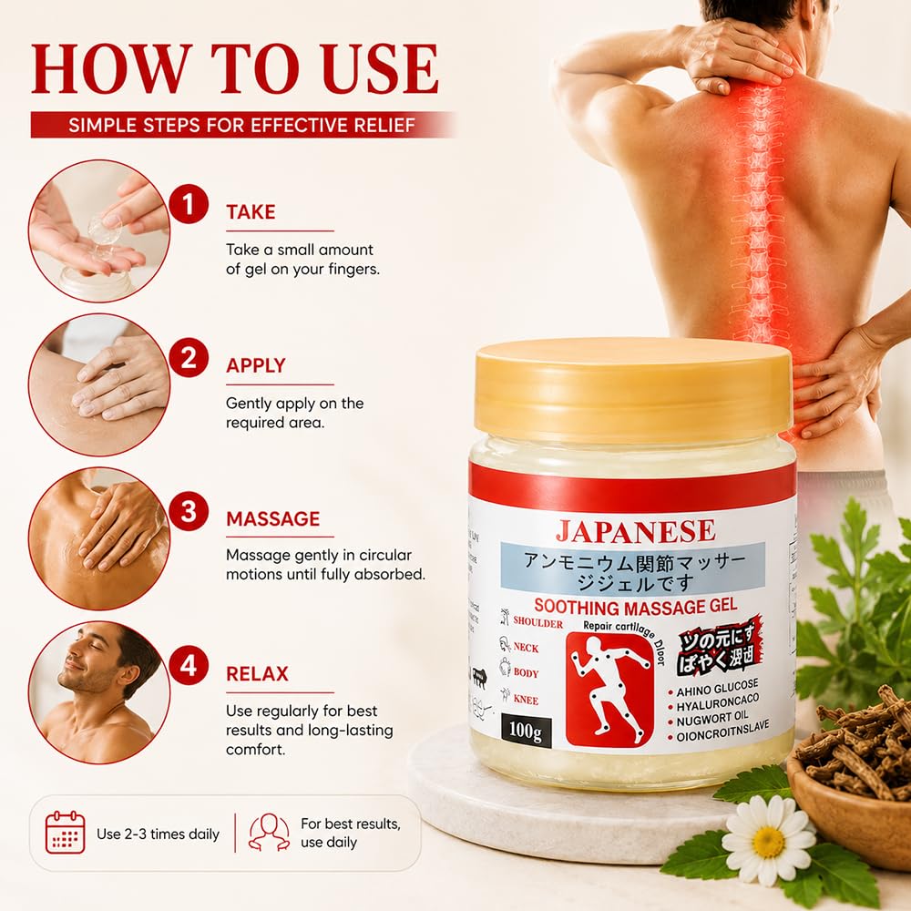 Japanese Formula Soothing Massage Gel | Enhanced Cooling Formula | Fast Cooling Relief for Neck, Shoulder, Back, Knee & Joint Pain | Non-Greasy Massage Gel | 100g (Pack of 3+1 Free)