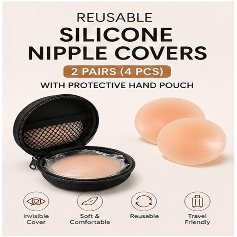 Reusable Silicone Nipple Covers for Women | 2 Pairs (4 Pieces) Invisible Adhesive Breast Covers | Strapless Backless Dress Accessories | Skin Tone