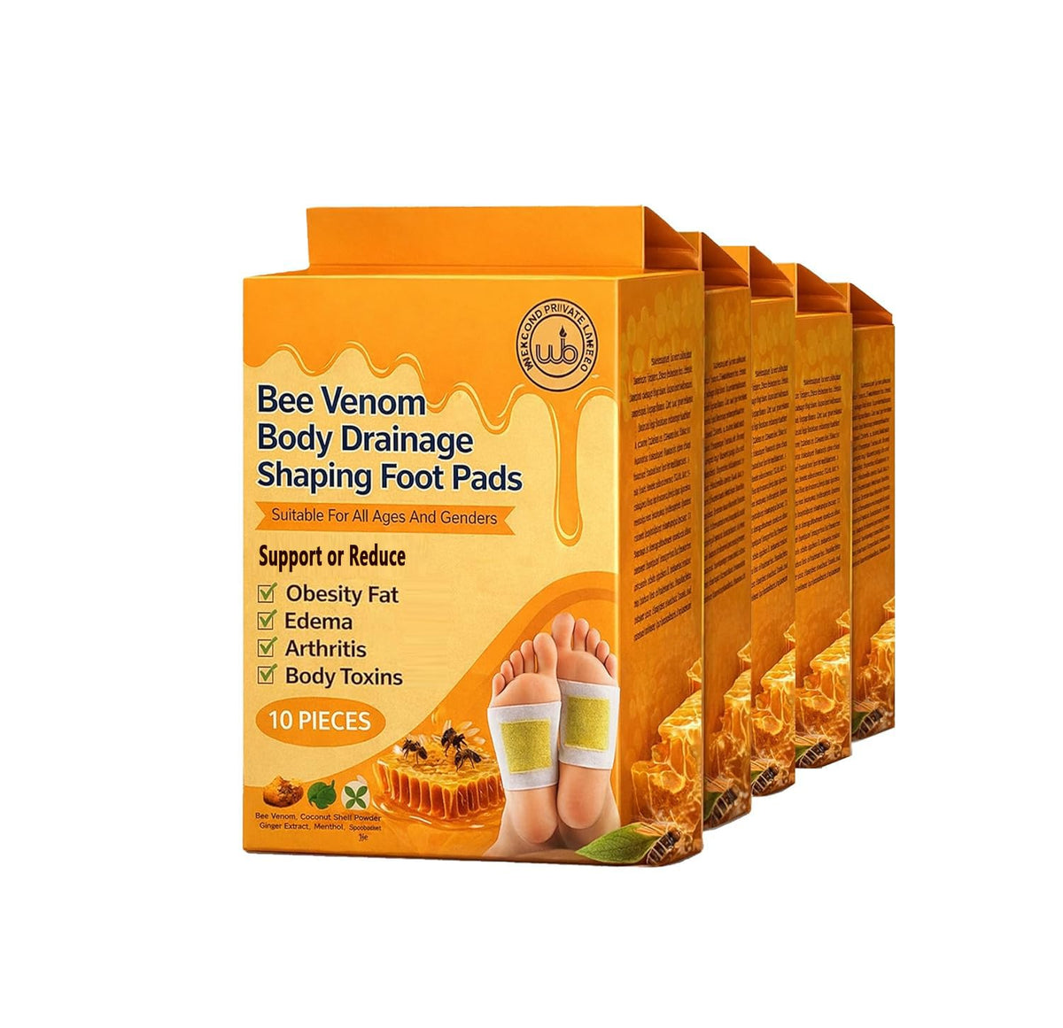 Bee Venom Body Drainage Shaping Foot Pads, Detox Patches with Green Tea Extract for Feet, Overnight Use, 10 Pieces