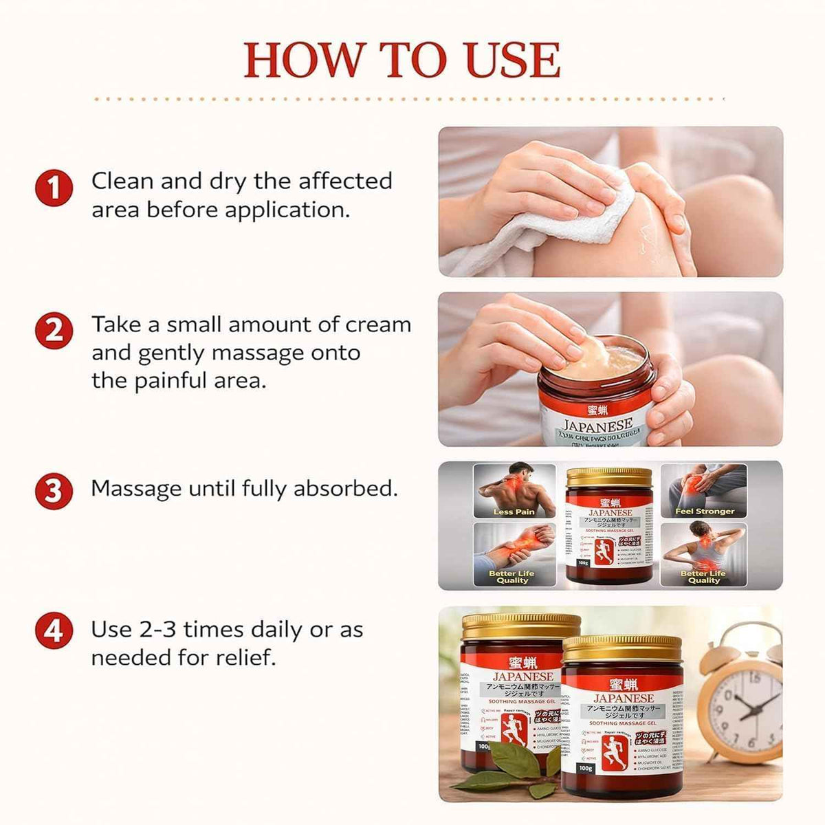 Massage gel jar being rubbed onto knee area, Japanese Soothing, 100g