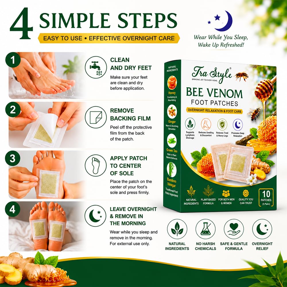 Bee Venom Detox Foot Patches Overnight Herbal Foot Pads, Herbal Foot Care Patches for Relaxation & Sleep Support (Pack of 20)