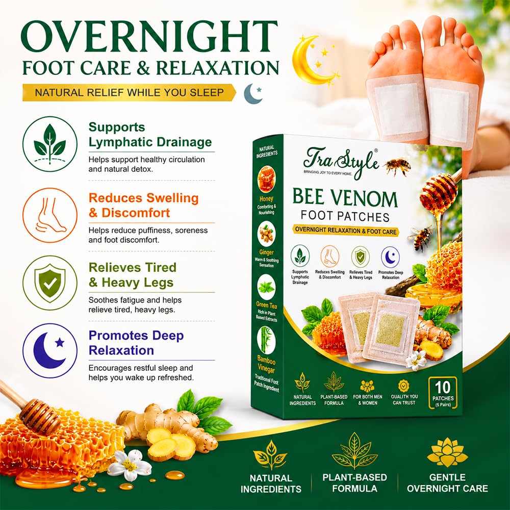 Bee Venom Detox Foot Patches Overnight Herbal Foot Pads, Herbal Foot Care Patches for Relaxation & Sleep Support (Pack of 10)
