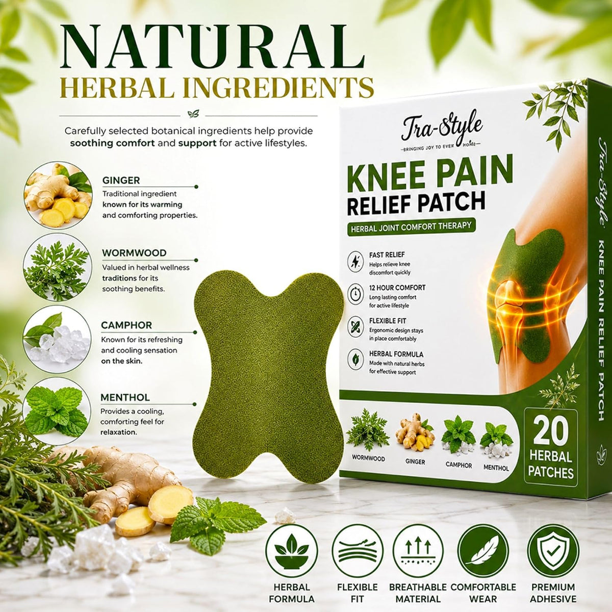 Knee Patch for Quick Pain Relief | Herbal Wormwood Ginger Camphor Patch for Knee, Back, Neck & Shoulder (20)
