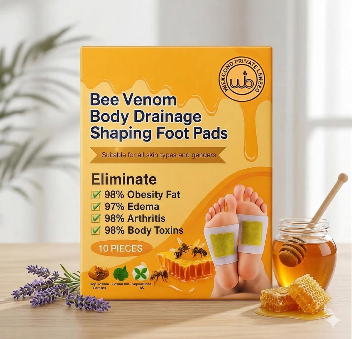 Bee Venom Body Drainage Shaping Foot Pads, Detox Patches with Green Tea Extract for Feet, Overnight Use, 10 Pieces