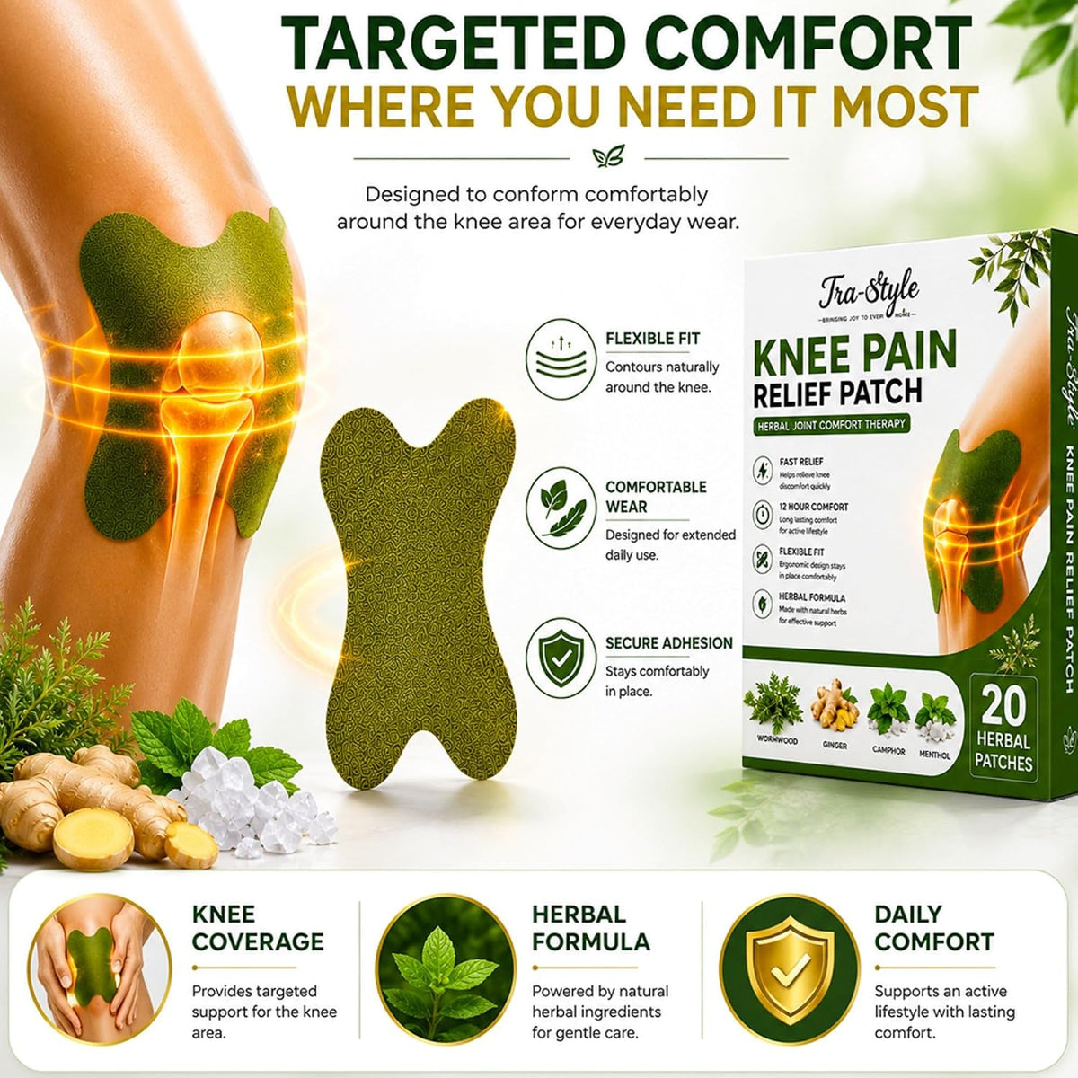 Knee Patch for Quick Pain Relief | Herbal Wormwood Ginger Camphor Patch for Knee, Back, Neck & Shoulder (20)