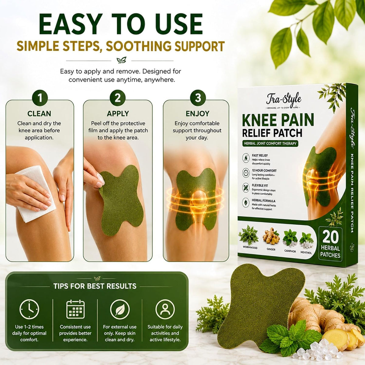 Knee Patch for Quick Pain Relief | Herbal Wormwood Ginger Camphor Patch for Knee, Back, Neck & Shoulder (20)